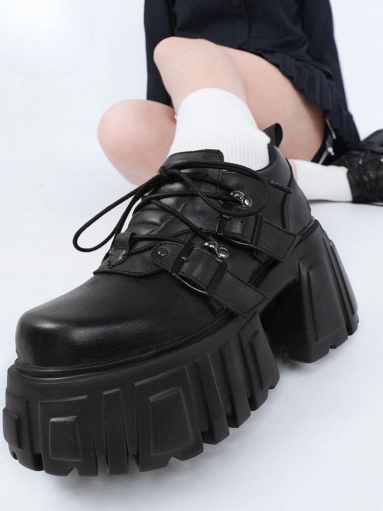 Buckle Shoes Black with Closure Lace-up Details Platform