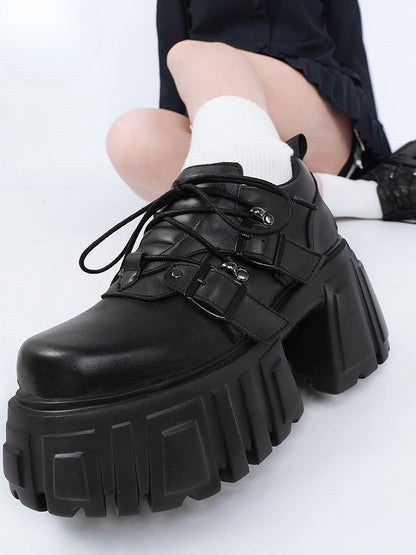 Buckle Shoes Black with Closure Lace-up Details Platform