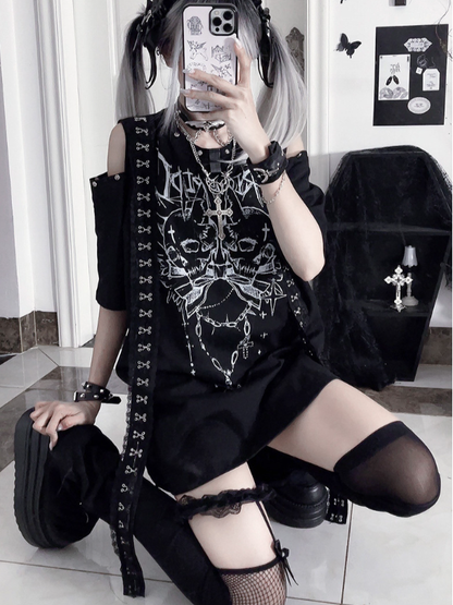 PrintCutout Punk T-shirtwith Emo Cross Black White Design Gothic Shoulder