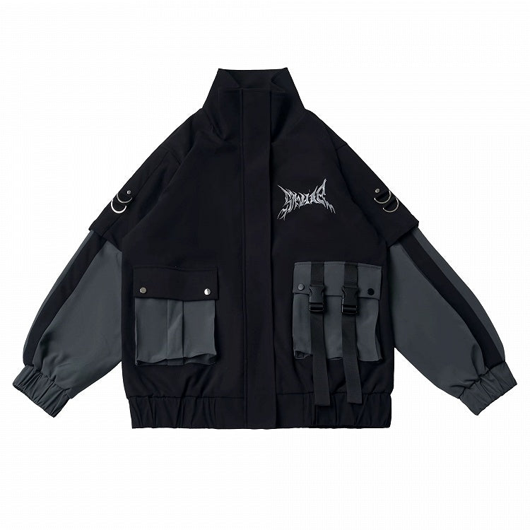 Techwear Black & Gray Faux Two-Piece Stand Collar Jacket with Print & 3D Pockets - PINK SAVIOR