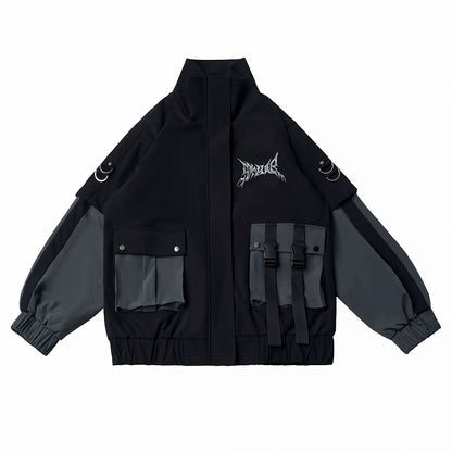 Techwear Black & Gray Faux Two-Piece Stand Collar Jacket with Print & 3D Pockets - PINK SAVIOR