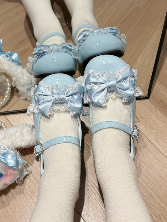 Bow Decor, Lace Appliqué & Crystal Heart Buckle Sky Blue Flats in Sweet Lolita