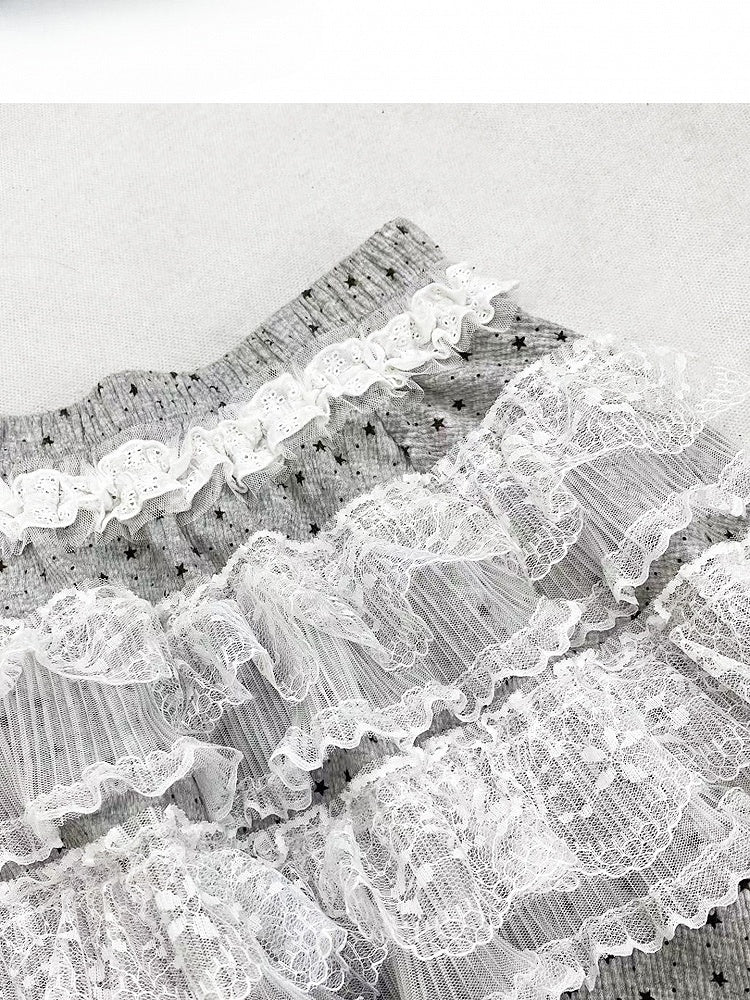 ドット柄パンツトリムY2K+レーススカートティアードカットビタースイート柄グレーワイドレッグ