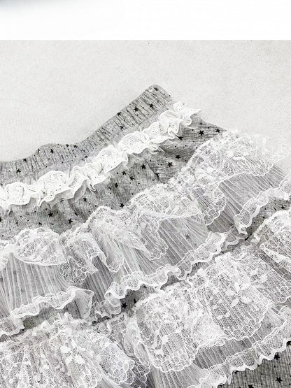 ドット柄パンツトリムY2K+レーススカートティアードカットビタースイート柄グレーワイドレッグ