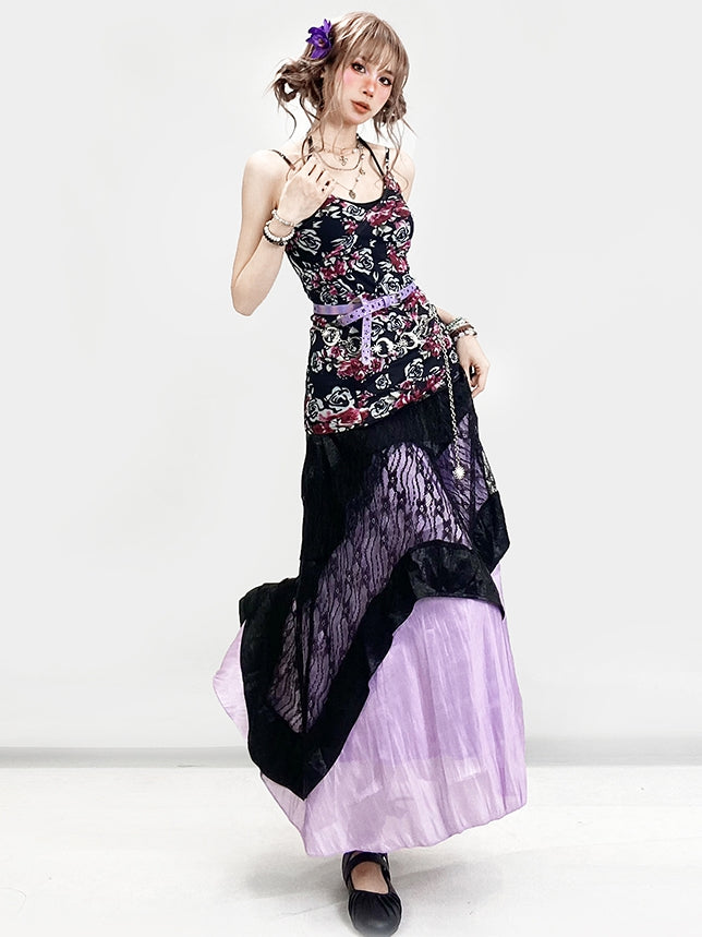 + 花柄トップ、ホルターネック、アンダースカート、キャミスカート、レースセット、ドレス、ホリデーネック、ブラック、パープル、ビタースイート