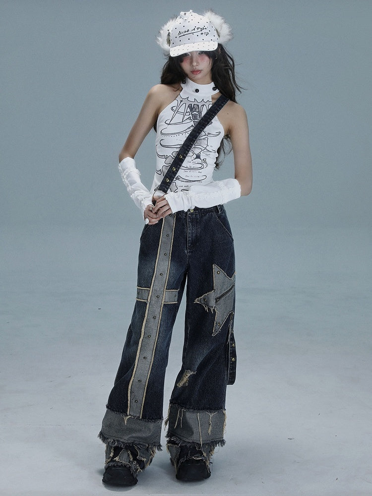 Details Print with Halter Bead Punk White Graphic Spine Top