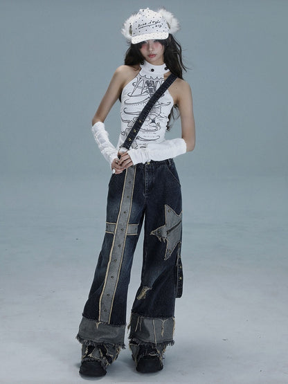 Details Print with Halter Bead Punk White Graphic Spine Top