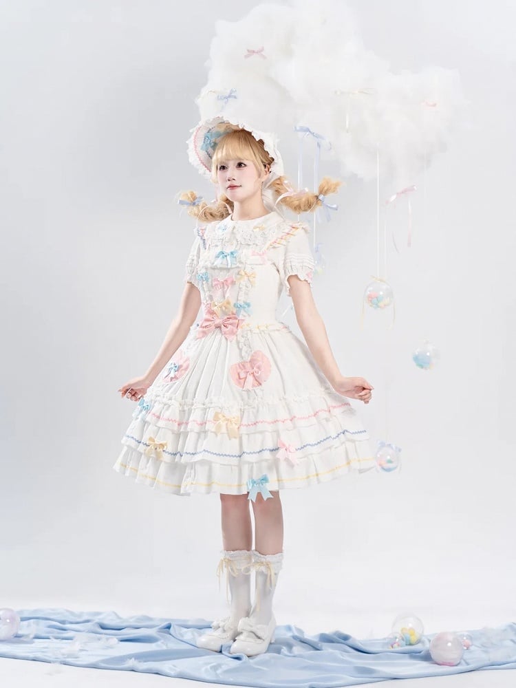 Macaron Farbe Bowknots Weiß JSK Ärmeln Tiered Sweet Lolita Kleid Flatterrock