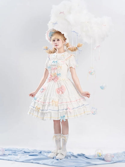 Macaron Farbe Bowknots Weiß JSK Ärmeln Tiered Sweet Lolita Kleid Flatterrock