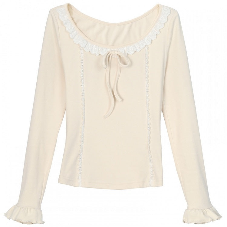 Aprikosenfarbenes, langärmliges Oberteil mit Spitzenbesatz und Schleifendetails