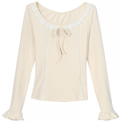 Aprikosenfarbenes, langärmliges Oberteil mit Spitzenbesatz und Schleifendetails