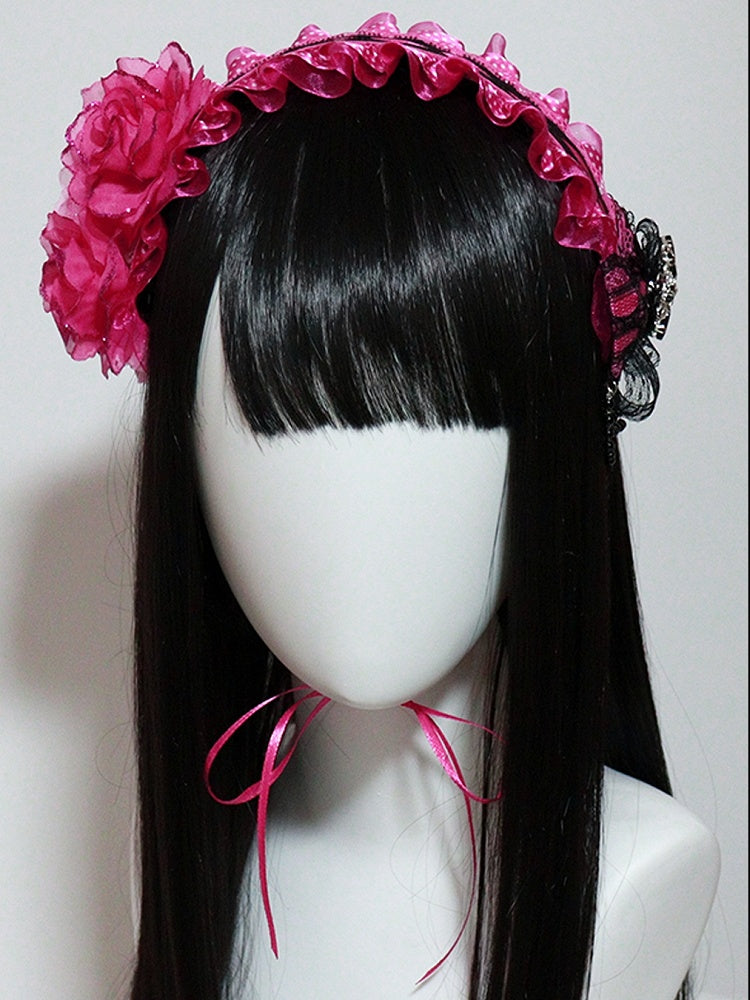 Design with Ruffled Decorated Rhinestone Hairband Black Rose Rosette Red Bowknot