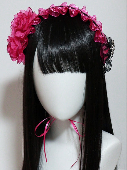 Design with Ruffled Decorated Rhinestone Hairband Black Rose Rosette Red Bowknot
