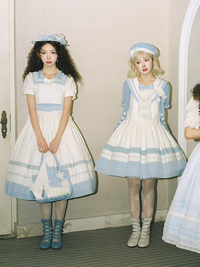 Lace Milk White Sailor Dress Puff Sleeves and Trim Collar Lolita with Light Blue