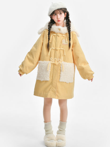 Milchgelber süßer Cord-Dufflecoat mit Lammkapuze