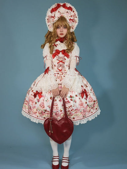Sweet Bow JSK Full Lolita Accents Print / Weiße Desserts und Set Erdbeere