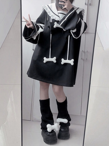 Black Detachable Zip-Shoulder with Collar and Dress Bone White Convertible Sailor Jirai Kei Accents