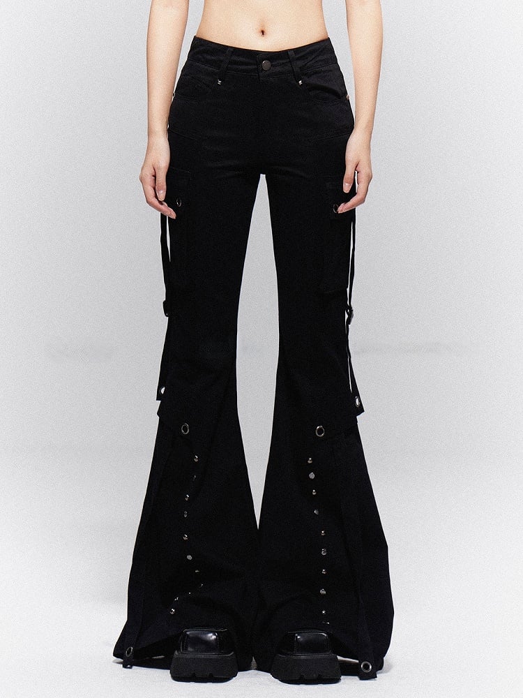 Vintage Straps on Pants Black Dangling Cargo Flap with Flared