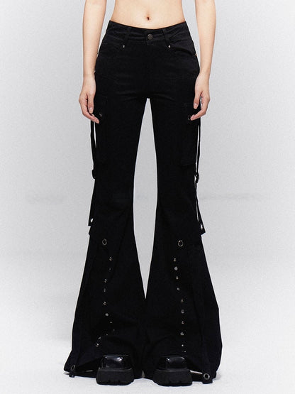 Vintage Straps on Pants Black Dangling Cargo Flap with Flared