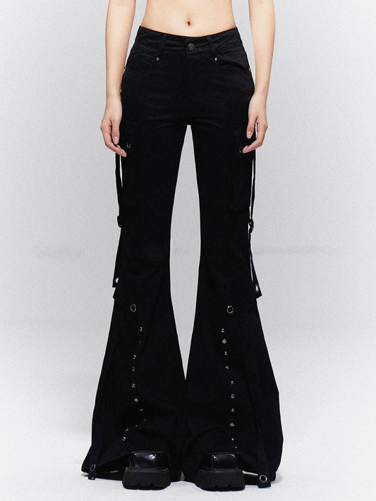 Vintage Straps on Pants Black Dangling Cargo Flap with Flared