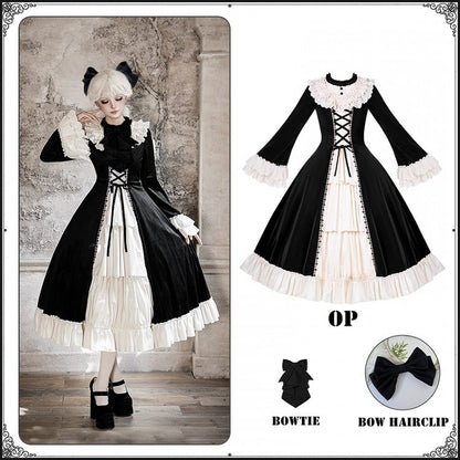 Sleeves OP Beige Velvet Hairclip Bowtie Bell Bow and Lolita Elegant Black + Winter