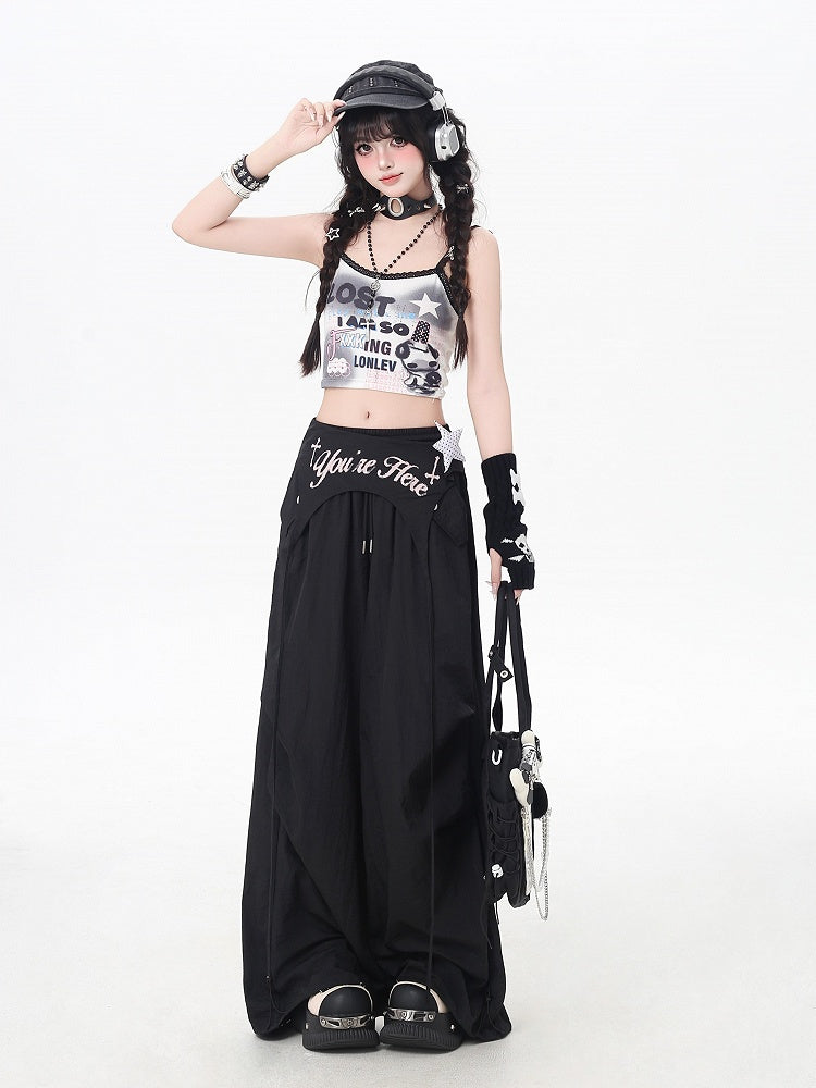 Black Punk Pants Accessory Waist Asymmetrical with Drawstring Waist Wasteland