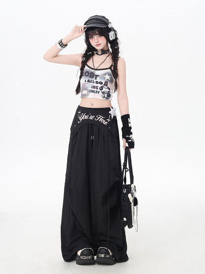 Black Punk Pants Accessory Waist Asymmetrical with Drawstring Waist Wasteland