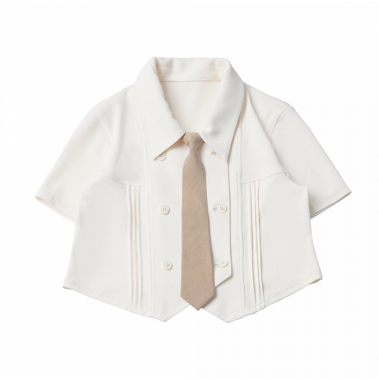 Creamy White Waffle Knit Short Sleeve Cropped Shirt with Tie - PINK SAVIOR