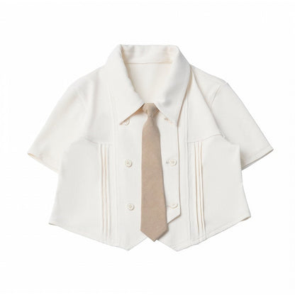 Creamy White Waffle Knit Short Sleeve Cropped Shirt with Tie - PINK SAVIOR