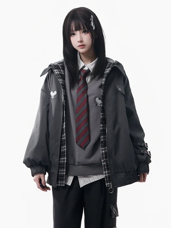 Pattern Jacket Hooded Unisex Grey Plaid - Two-piece