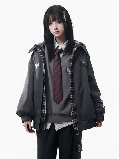 Pattern Jacket Hooded Unisex Grey Plaid - Two-piece