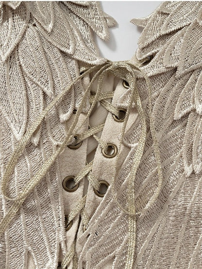 Beige Wing-Embroidered Corset Top with Lace Accents - NO ROMANCE