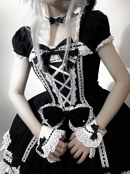 Lolita Ärmel Schwarz Alt Kurzer Ausschnitt Schulstück Puff Square One und Kleid Baumwolle