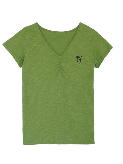 Green Cotton V-Neck Tee with Key Embroidery - innomoood