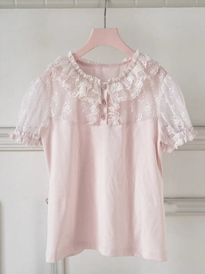 ダブルレイヤー半袖ブラウス ロリータカラー チュール ピンク