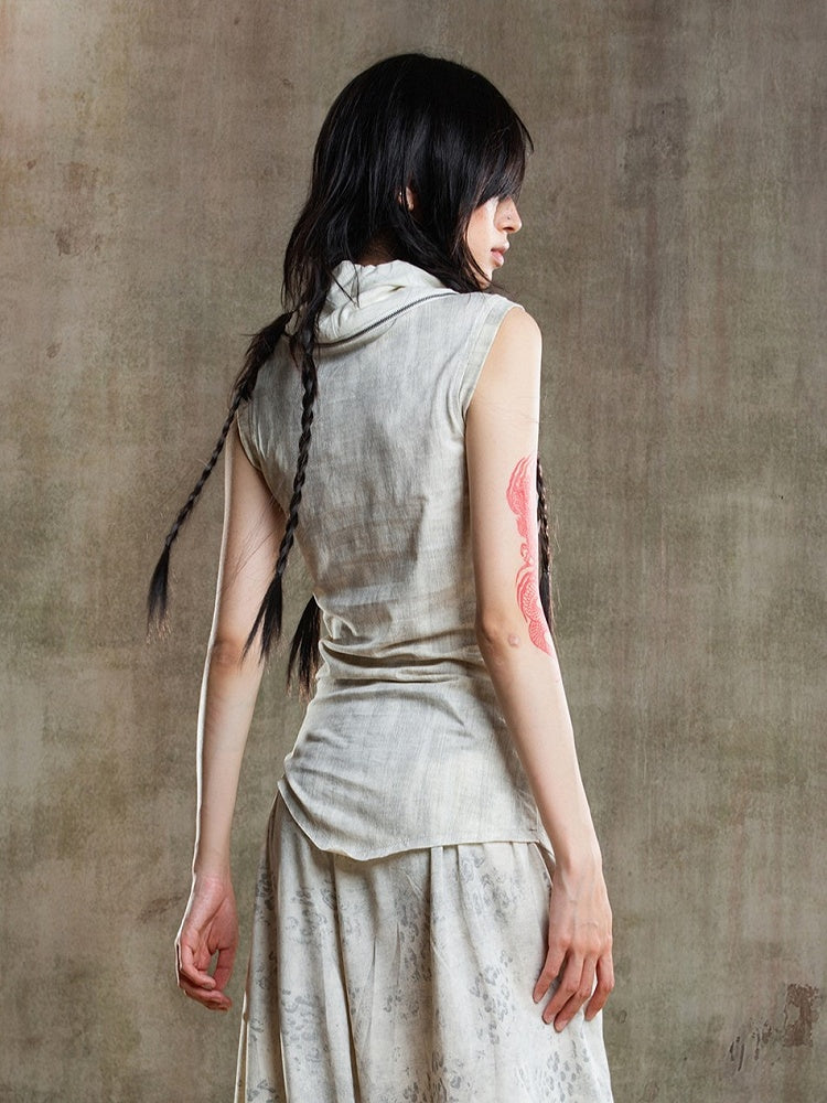 Vest Neckline Punk Apricot Multi-Wear with Zipper Drawstring Collar Asymmetrical