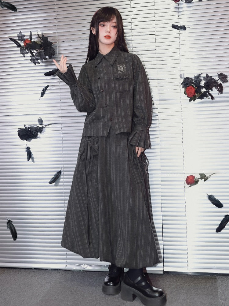 Vintage Design Skirt Chinese Midi Bud Pocket Stripe Hem Gray Large Gothic With