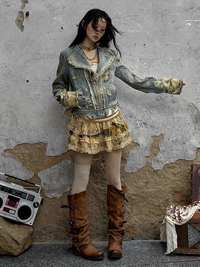 Vintage Punk Blau gewaschene Jeansjacke