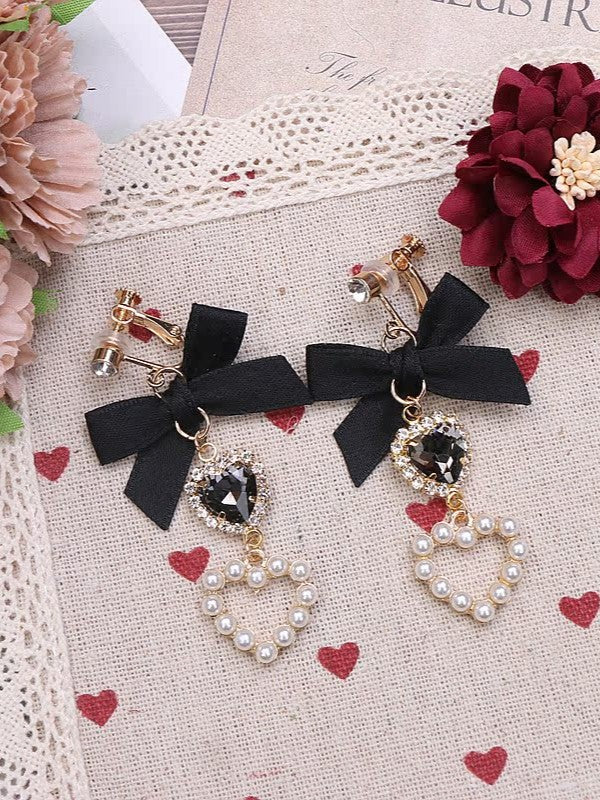 Kei Jirai Earrings Heart Rhinestone Bowknot