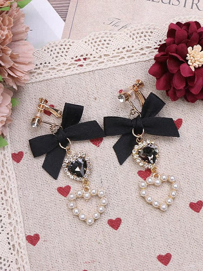 Kei Jirai Earrings Heart Rhinestone Bowknot