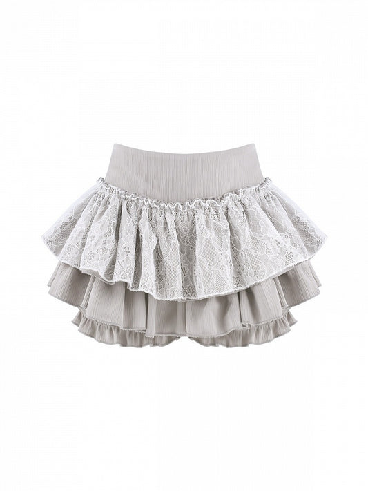Grey Lace-Tiered Ruffle Skirt with Integrated Shorts - serendipity