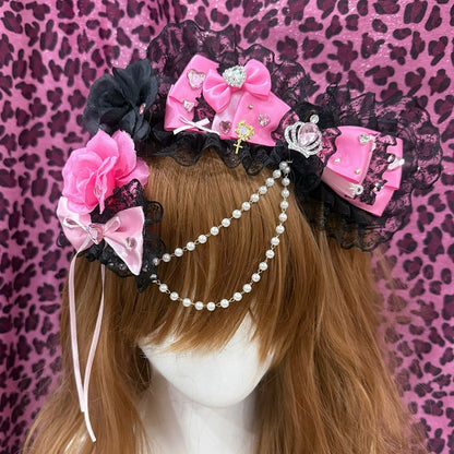 And Heart Two Trim Rhinestone With Hairclips Lace Bead Bowknot BlackPink Chain Decorated Floral Crown Dual