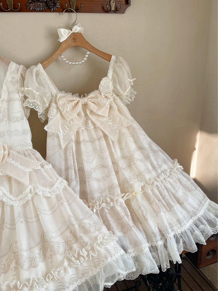 Ärmel bestickt Print Schleife Creme Ausschnitt Kleid Puff Lolita Weiß Big Creamy