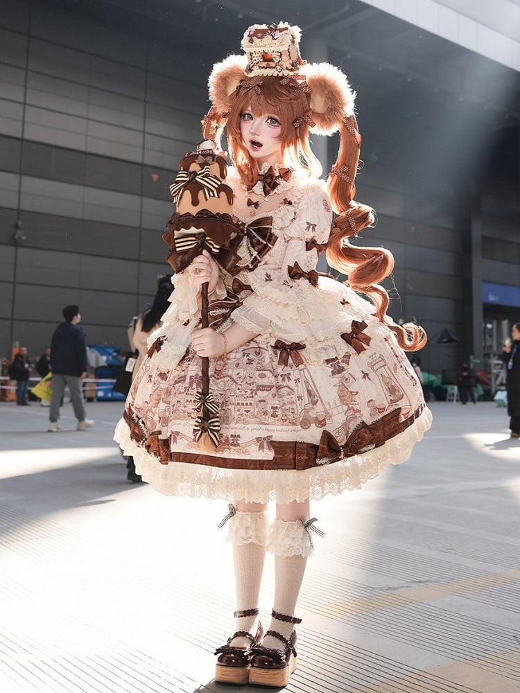 with Beige Print Sweet Bear Hem Bow Dress Brown Sleeves and Lace Little Accents Bell Lolita