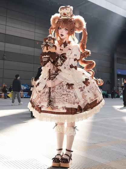 with Beige Print Sweet Bear Hem Bow Dress Brown Sleeves and Lace Little Accents Bell Lolita