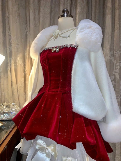 Shimmer Strapless High-low with Velvet Rhinestone Red Detail Mini Dress