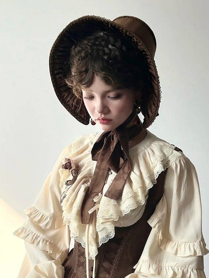 und Motorhaubenschleife mit Besatz, breitkrempiges Lolita-Spitzendetail, Schwarz/Grau/Braun