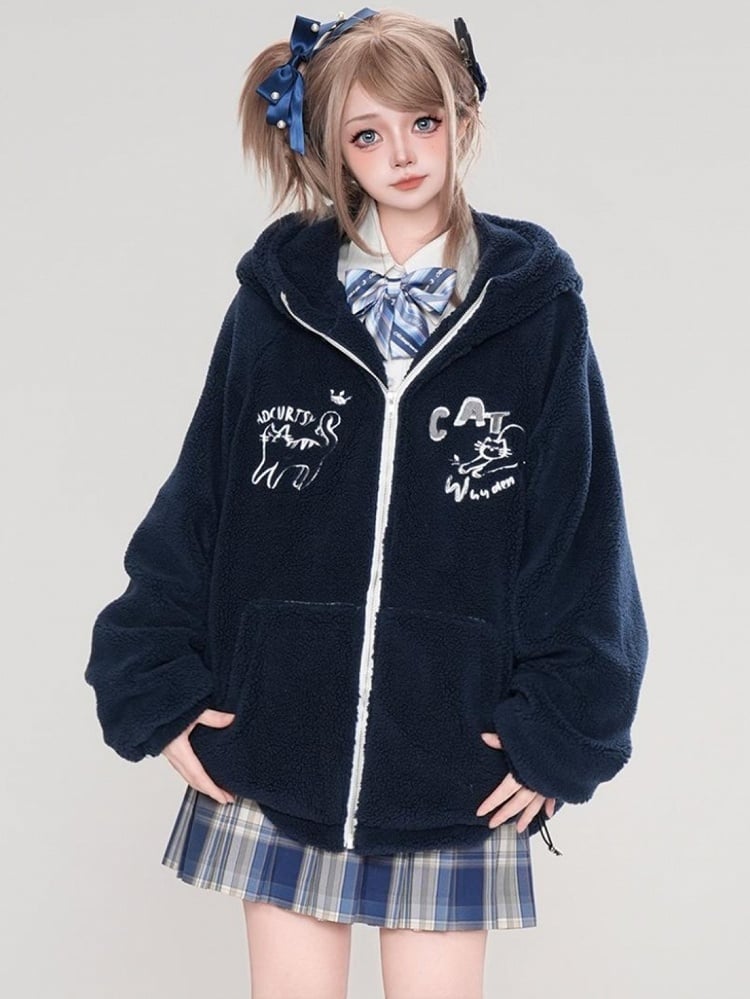 Grün/Marineblauer Fleece-Kapuzenpullover mit süßem Katzenohren-Design