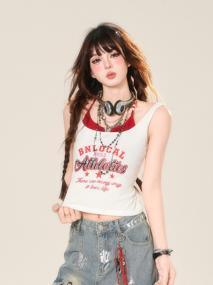 Drucken Glamouröse Rot und Weiß Neckholder Brief Zwei-stück Tank Top Faux