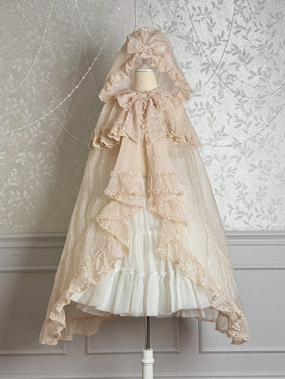 Cascading Trimming Cloak Ruffle Self-tie Neckline Champagne Bow Big